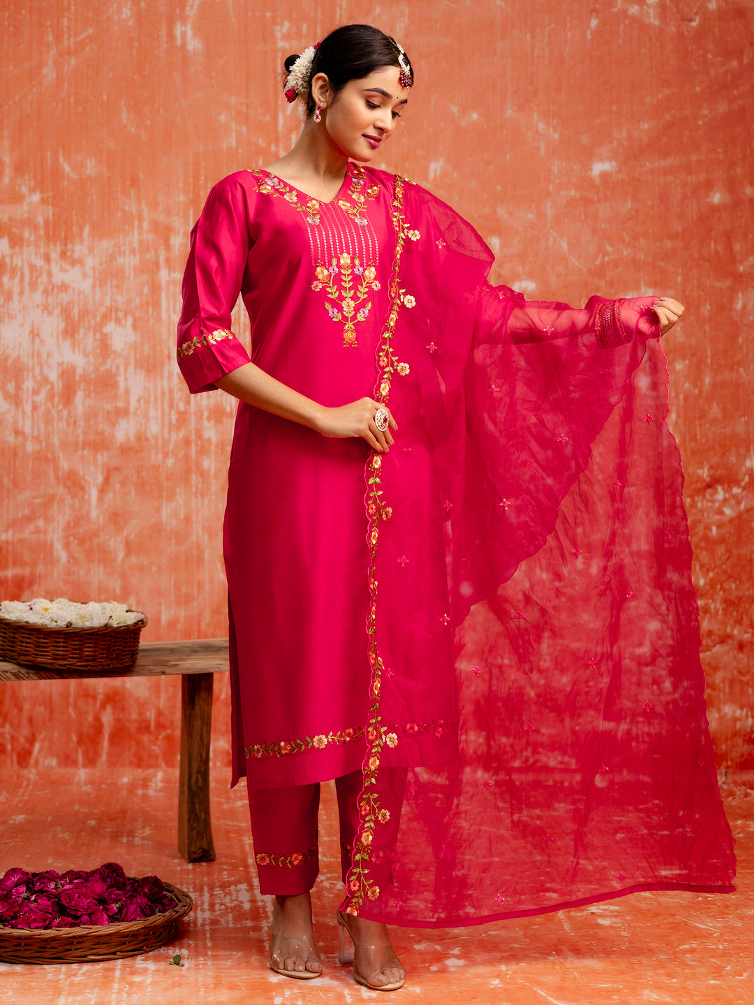 Disha Viscose Rayon Embroidered Kurta Pant Set with Organza Dupatta Modern and Traditional Blend Ethnic Wear Set