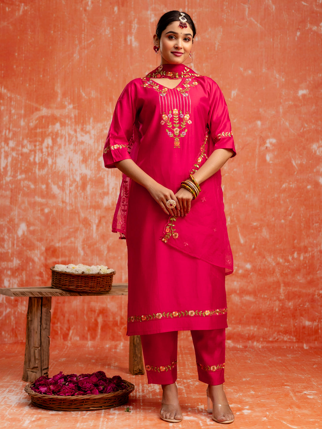 Disha Viscose Rayon Embroidered Kurta Pant Set with Organza Dupatta Modern and Traditional Blend Ethnic Wear Set