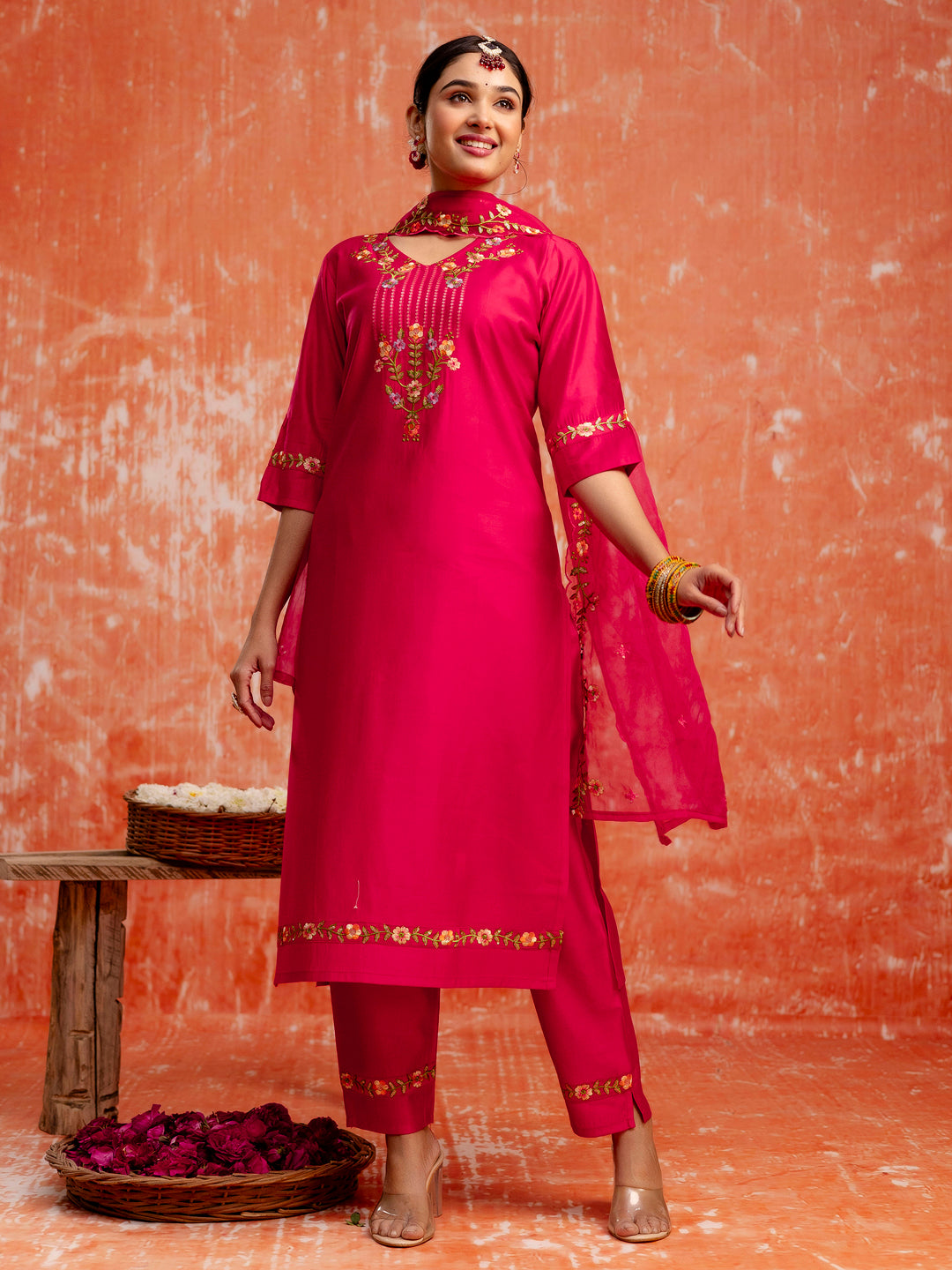 Disha Viscose Rayon Embroidered Kurta Pant Set with Organza Dupatta Modern and Traditional Blend Ethnic Wear Set