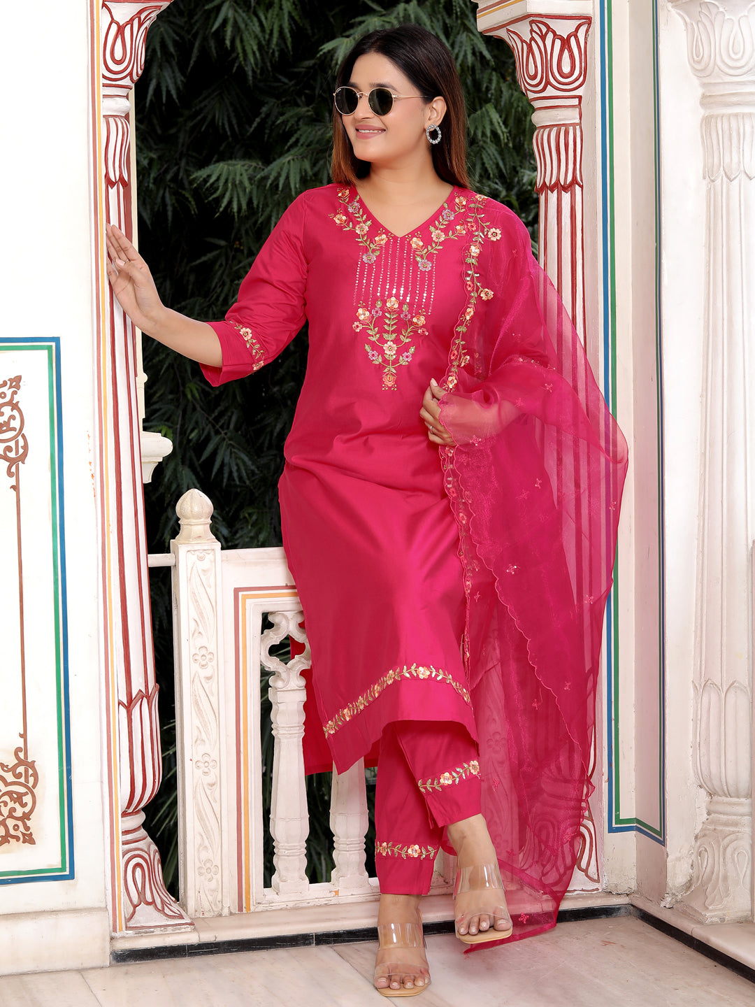 Bhagya Pink Floral Yoke Design V-Neck Sequinned Straight Kurta With Trousers & Dupatta