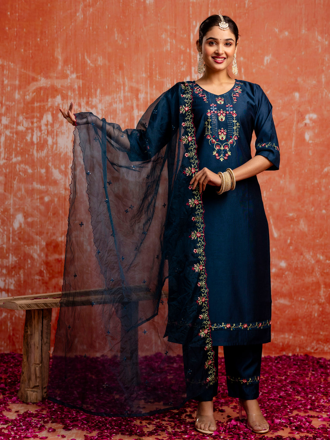 Disha Viscose Rayon Embroidered Kurta Pant Set with Organza Dupatta Modern and Traditional Blend Ethnic Wear Set