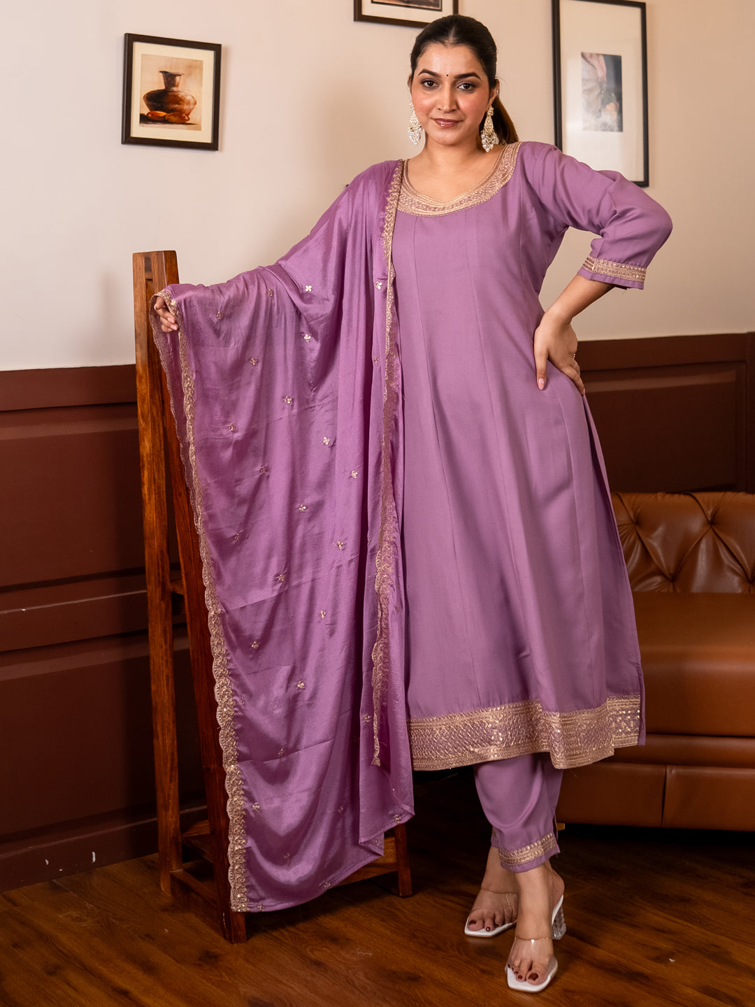 Navrangi Lavender Stylish Anarkali Kurta Set Ready to Wear Soft Silk Fabric with Embroidered Dupatta Tailored Fit