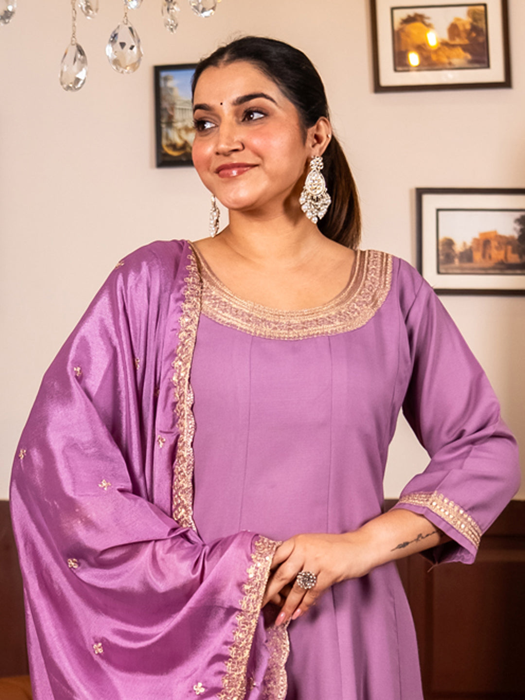 Navrangi Lavender Stylish Anarkali Kurta Set Ready to Wear Soft Silk Fabric with Embroidered Dupatta Tailored Fit