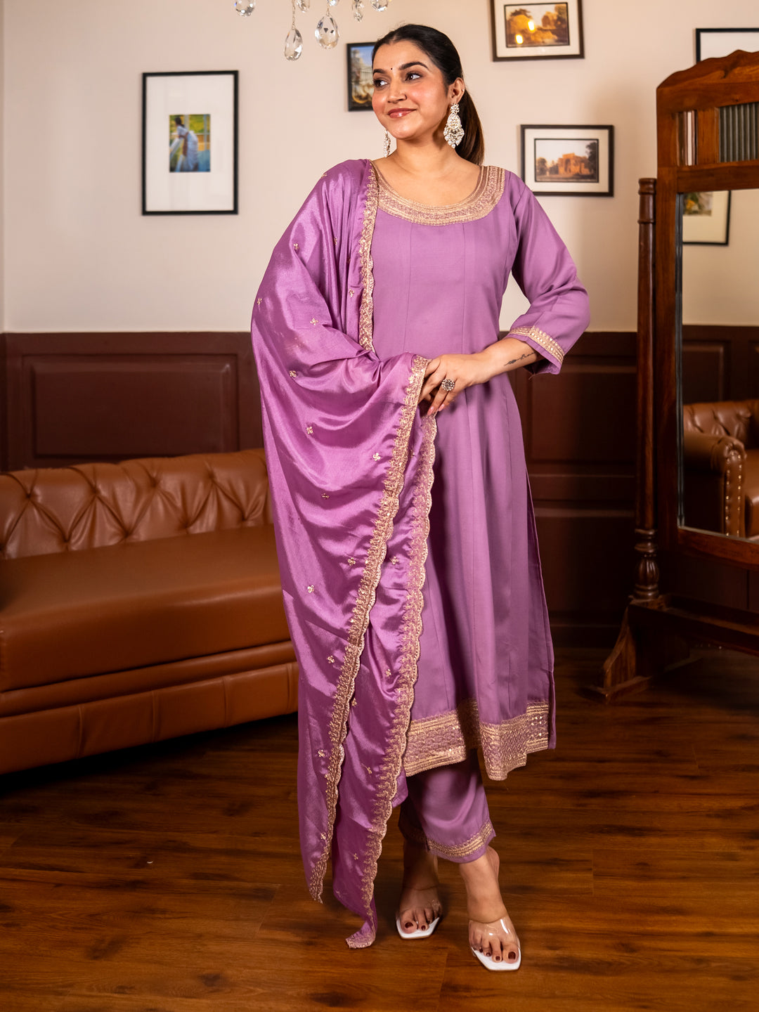 Navrangi Lavender Stylish Anarkali Kurta Set Ready to Wear Soft Silk Fabric with Embroidered Dupatta Tailored Fit