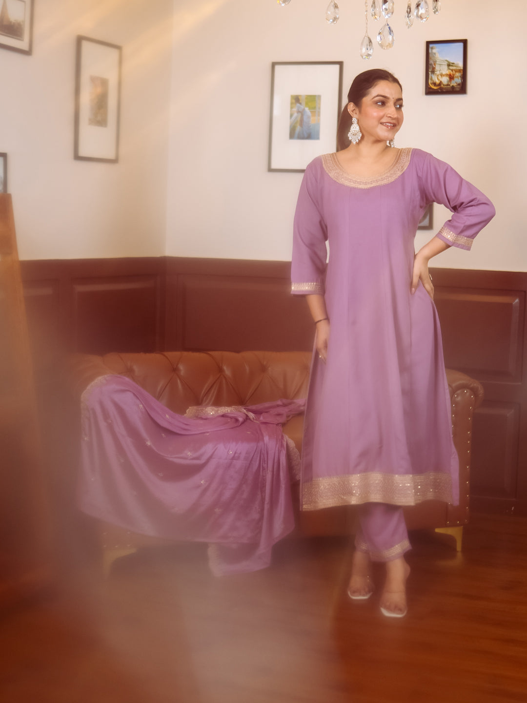 Navrangi Lavender Stylish Anarkali Kurta Set Ready to Wear Soft Silk Fabric with Embroidered Dupatta Tailored Fit