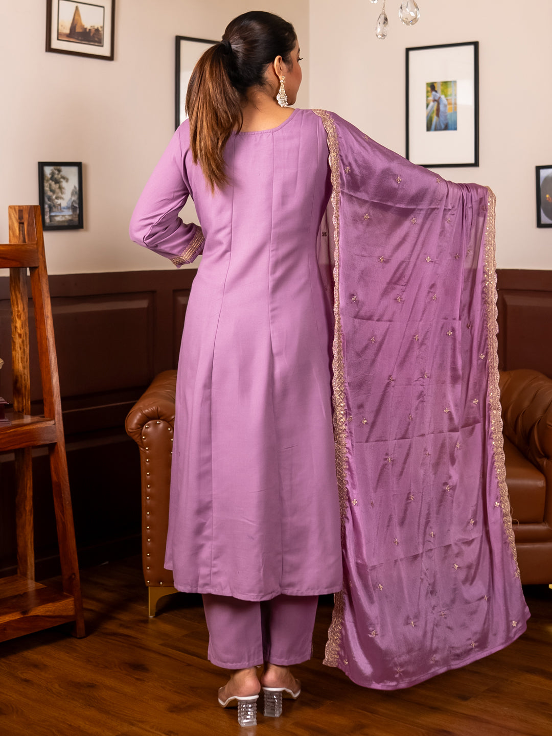 Navrangi Lavender Stylish Anarkali Kurta Set Ready to Wear Soft Silk Fabric with Embroidered Dupatta Tailored Fit