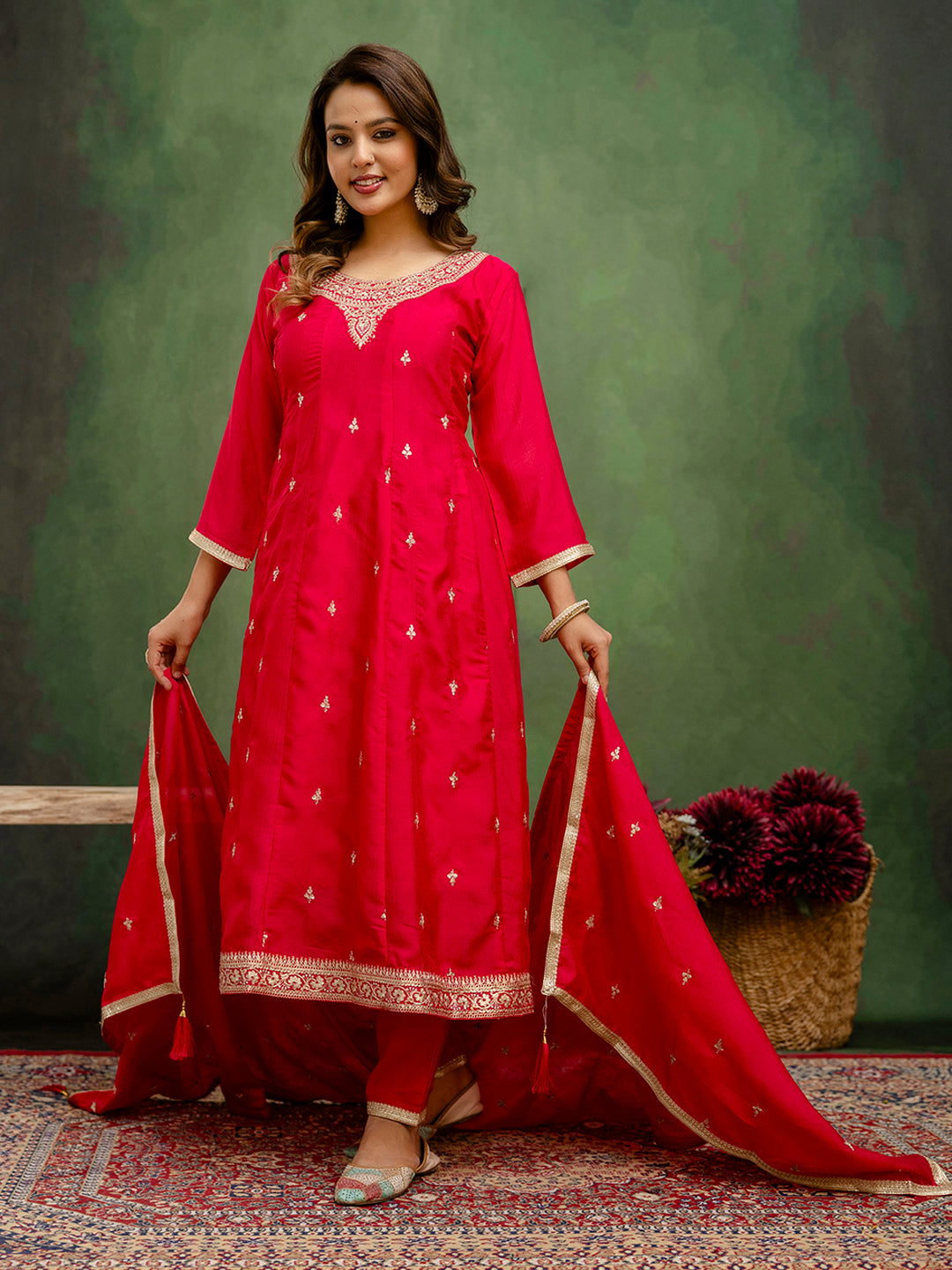 Charmi Women Anarkali Kurta and Pant Dupatta Sets Silk Blend Fabrics with Embroidery