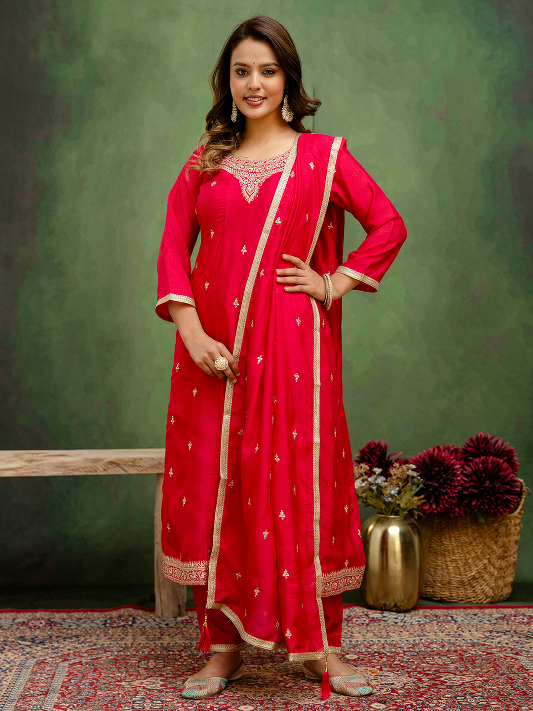 Charmi Women Anarkali Kurta and Pant Dupatta Sets Silk Blend Fabrics with Embroidery