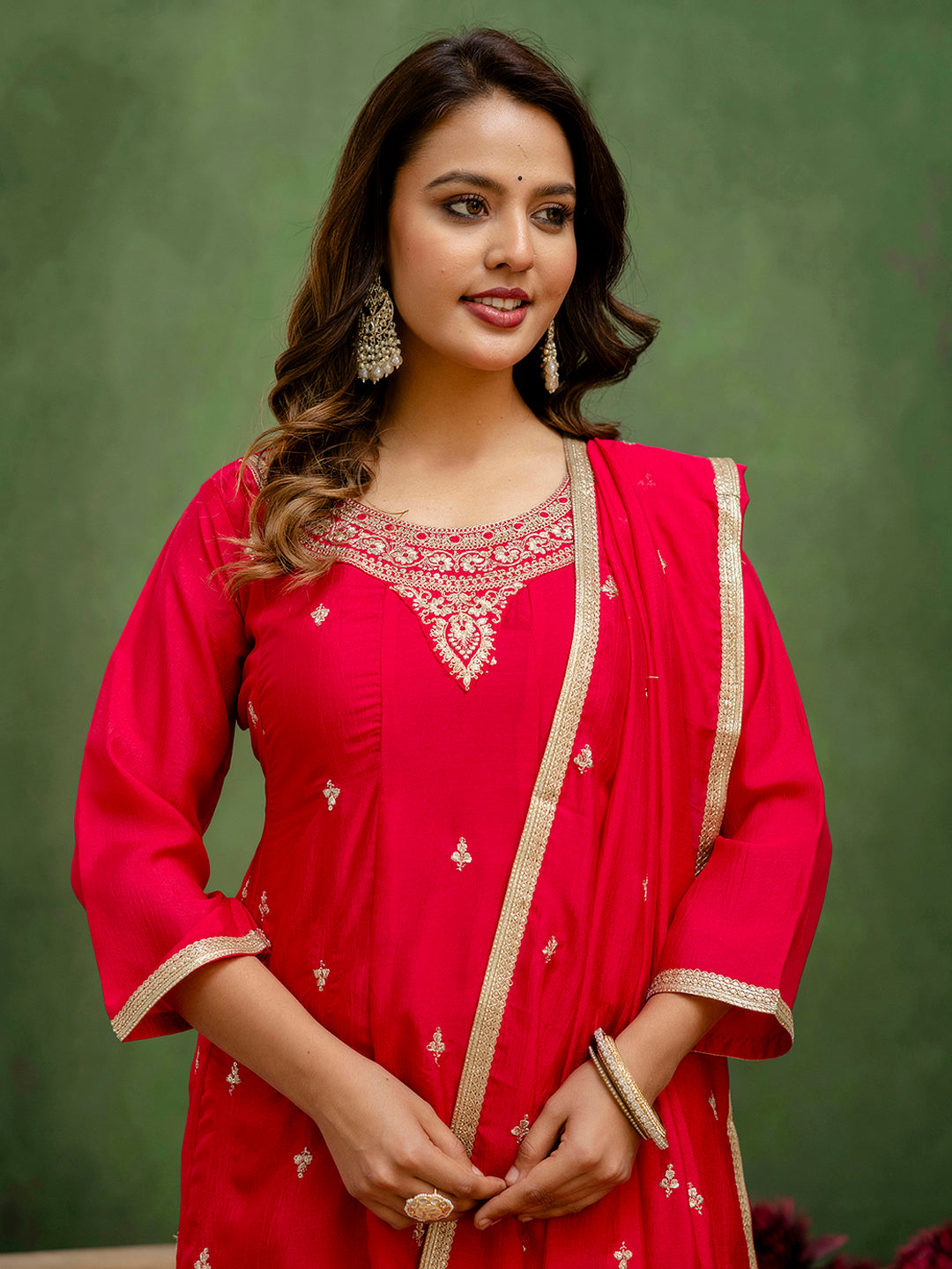 Charmi Women Anarkali Kurta and Pant Dupatta Sets Silk Blend Fabrics with Embroidery