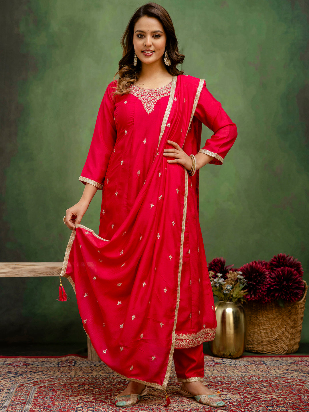 Charmi Women Anarkali Kurta and Pant Dupatta Sets Silk Blend Fabrics with Embroidery