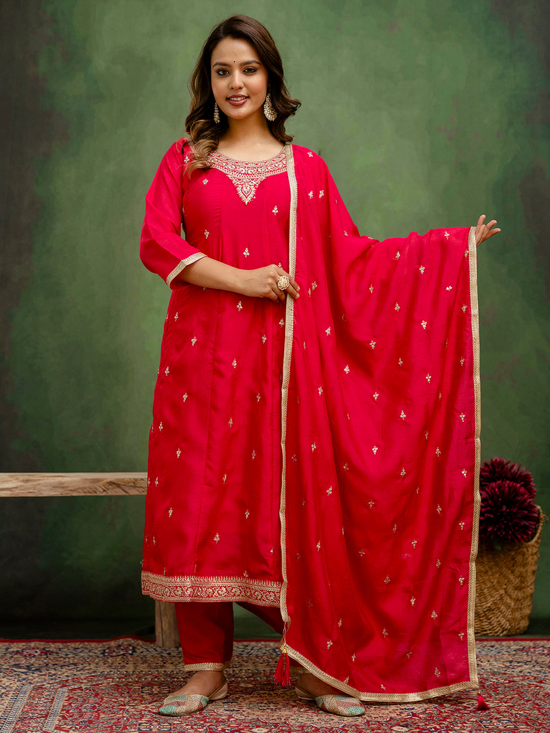 Charmi Women Anarkali Kurta and Pant Dupatta Sets Silk Blend Fabrics with Embroidery