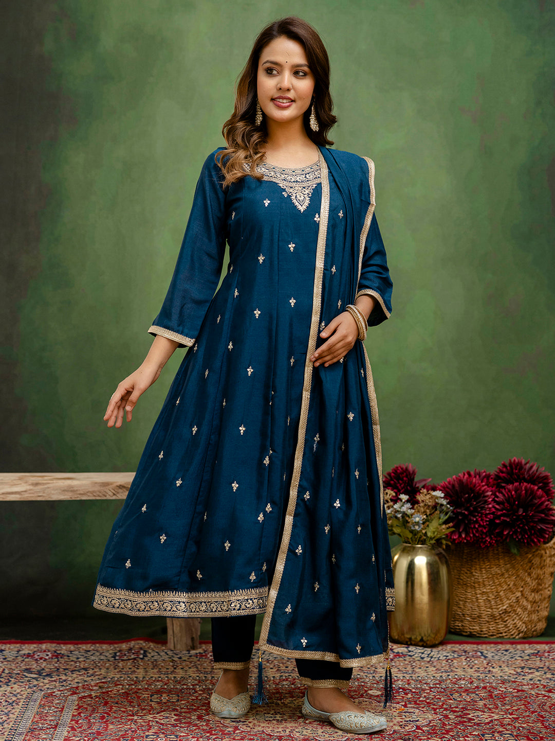 Charmi Women Anarkali Kurta and Pant Dupatta Sets Silk Blend Fabrics with Embroidery