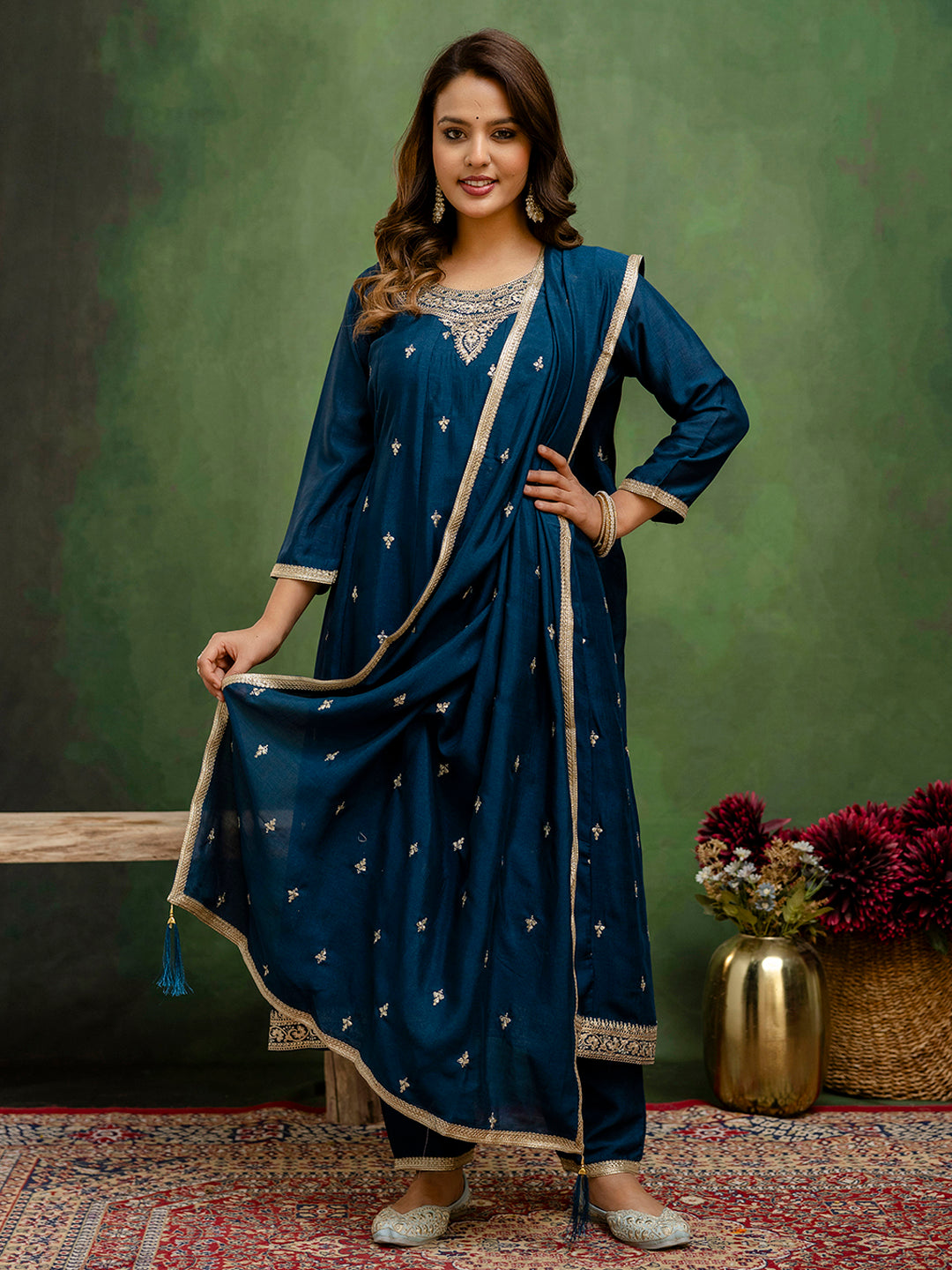 Charmi Women Anarkali Kurta and Pant Dupatta Sets Silk Blend Fabrics with Embroidery