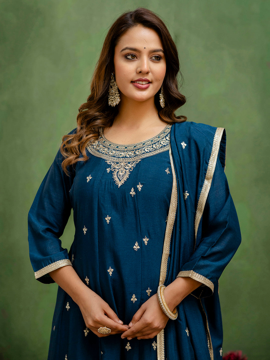 Charmi Women Anarkali Kurta and Pant Dupatta Sets Silk Blend Fabrics with Embroidery