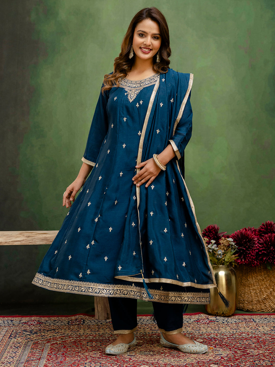 Charmi Women Anarkali Kurta and Pant Dupatta Sets Silk Blend Fabrics with Embroidery
