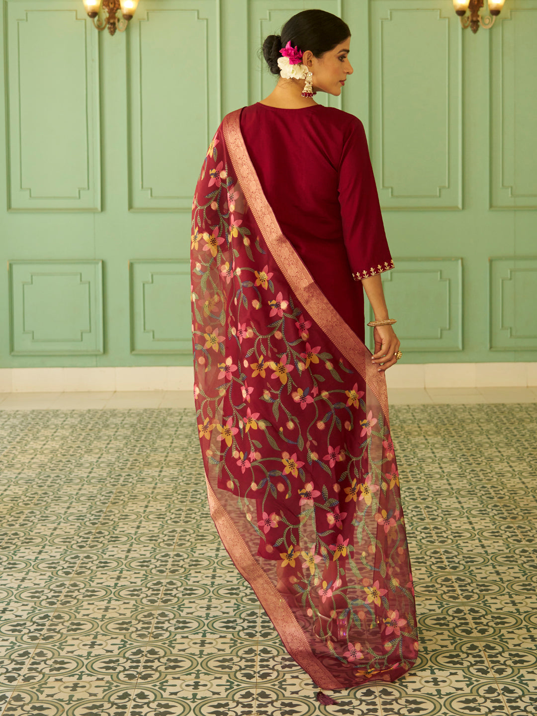 Bhuvika Beads Embroidered Maroon Women Kurta Sets With Dupatta Straight Suits