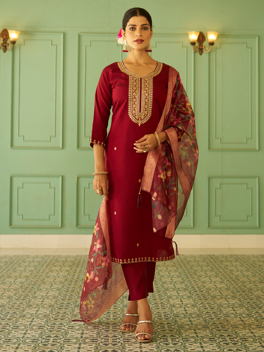 Bhuvika Beads Embroidered Maroon Women Kurta Sets With Dupatta Straight Suits