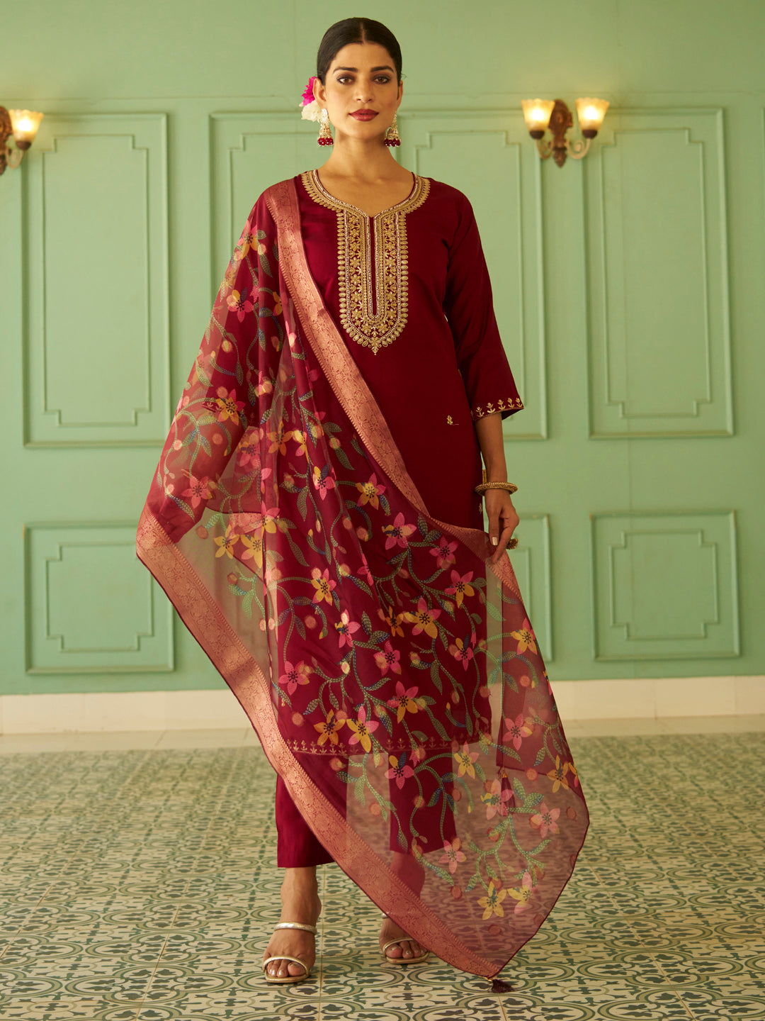 Bhuvika Beads Embroidered Maroon Women Kurta Sets With Dupatta Straight Suits