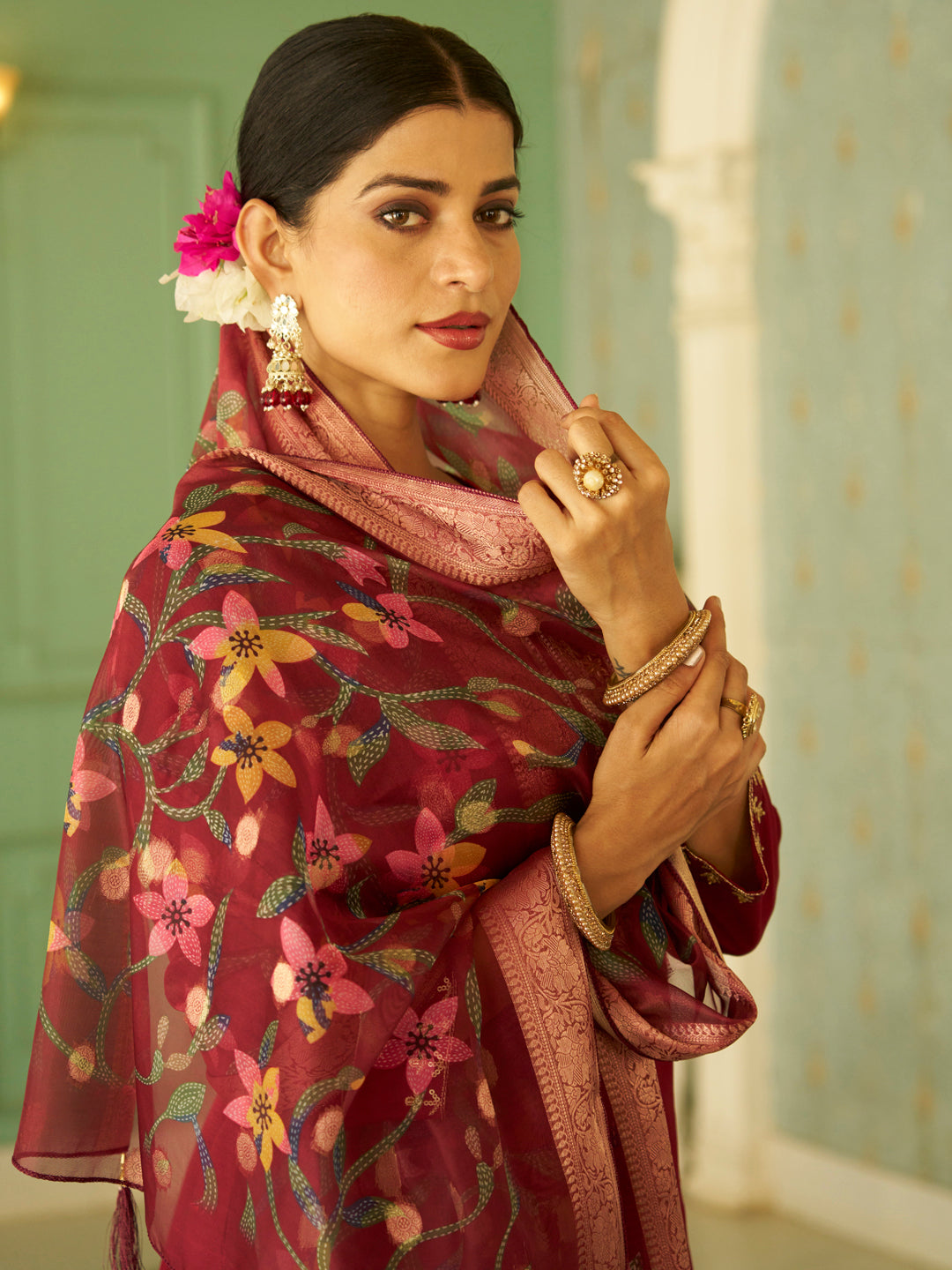 Bhuvika Beads Embroidered Maroon Women Kurta Sets With Dupatta Straight Suits