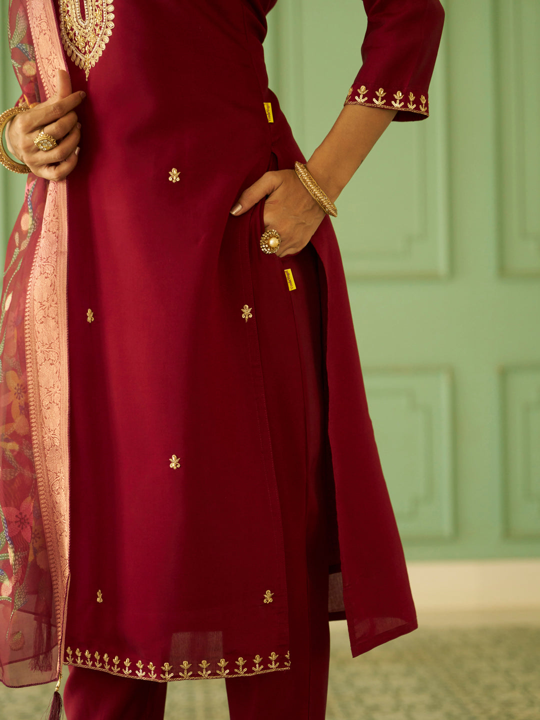 Bhuvika Beads Embroidered Maroon Women Kurta Sets With Dupatta Straight Suits