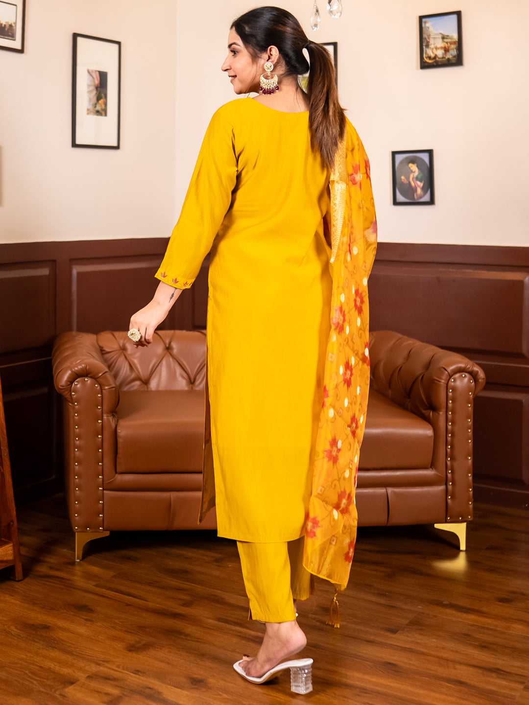 Akshara  Yellow Silk Blend Kurta Set with Beaded Embroidered Design & Organza Dupatta