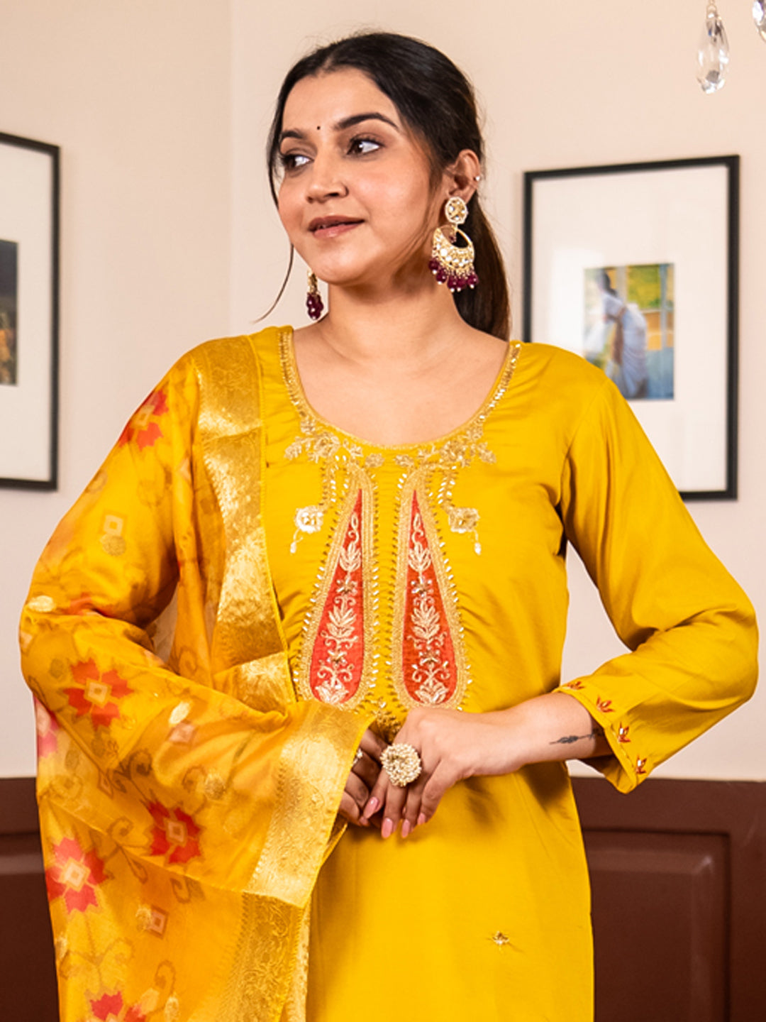 Akshara  Yellow Silk Blend Kurta Set with Beaded Embroidered Design & Organza Dupatta