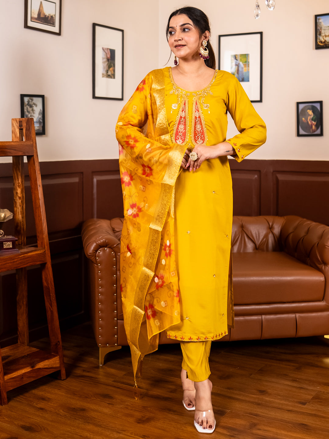 Akshara  Yellow Silk Blend Kurta Set with Beaded Embroidered Design & Organza Dupatta
