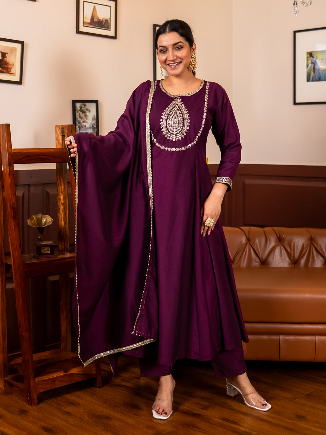 Aastha  purple Anarkali Kurta and Pant Dupatta Set