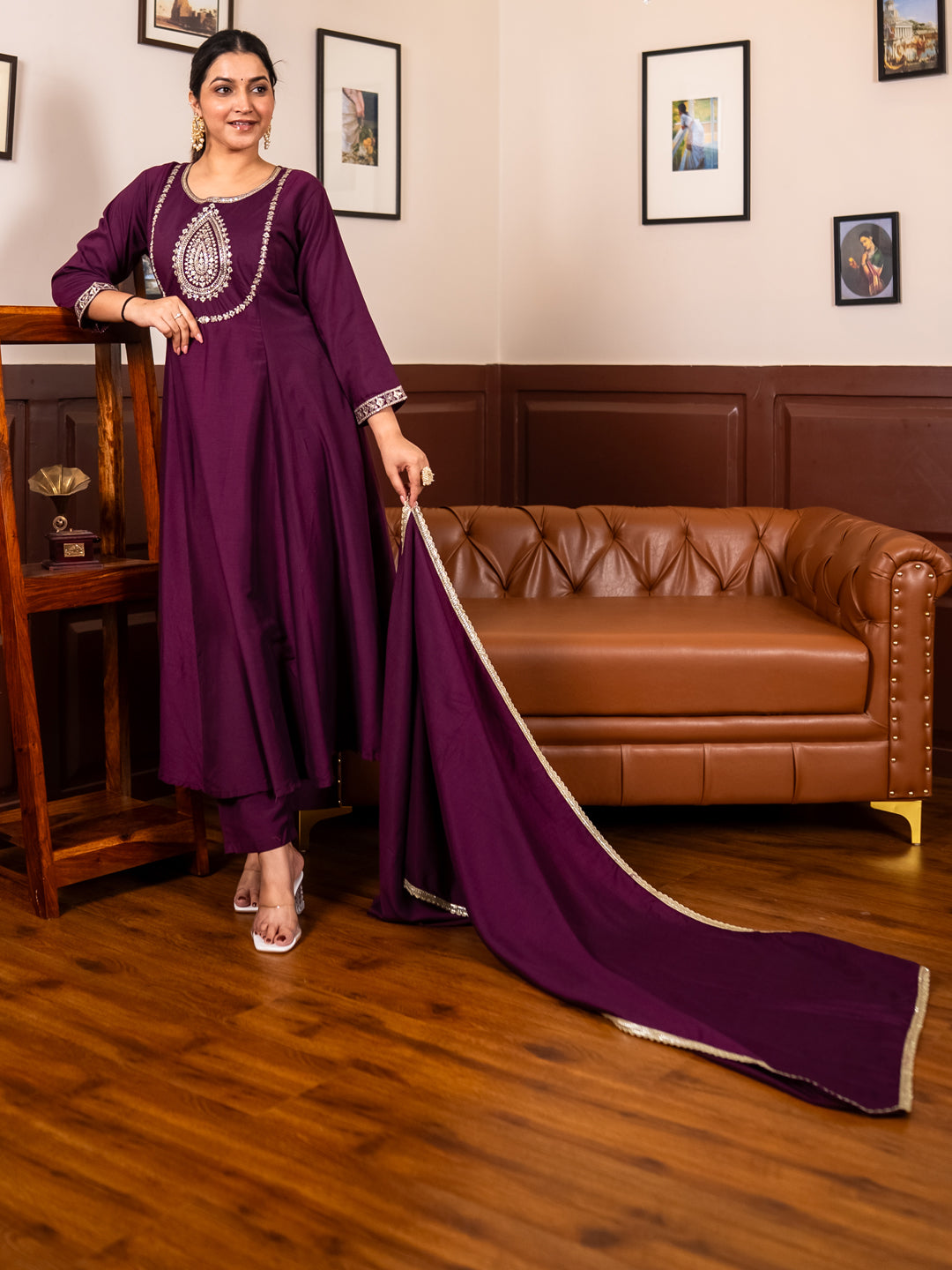 Aastha  purple Anarkali Kurta and Pant Dupatta Set