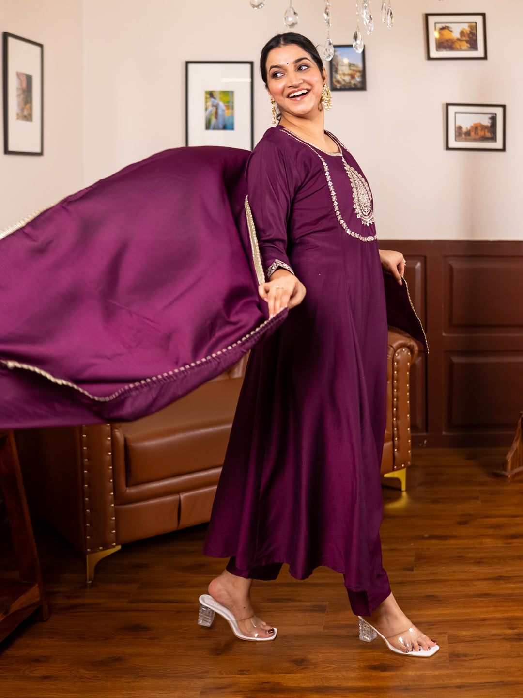 Aastha  purple Anarkali Kurta and Pant Dupatta Set