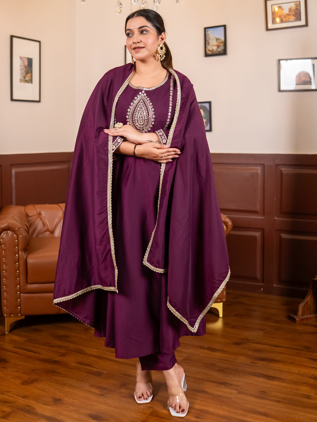 Aastha  purple Anarkali Kurta and Pant Dupatta Set