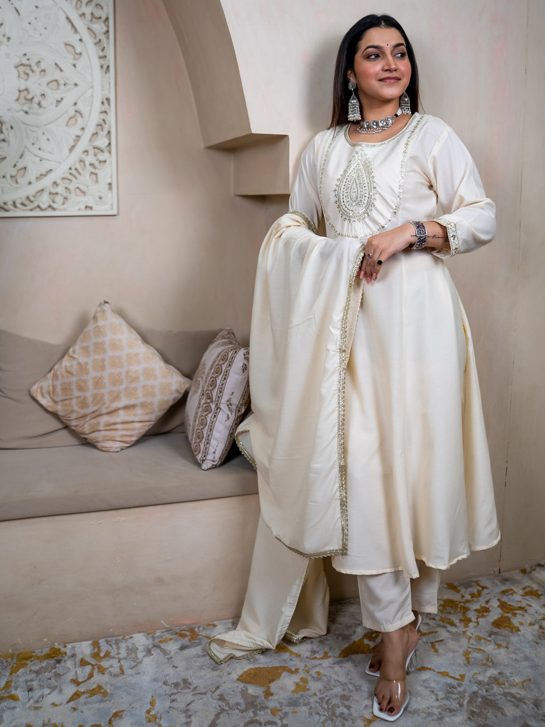 Smita cream Anarkali Kurta and Pant Dupatta Set