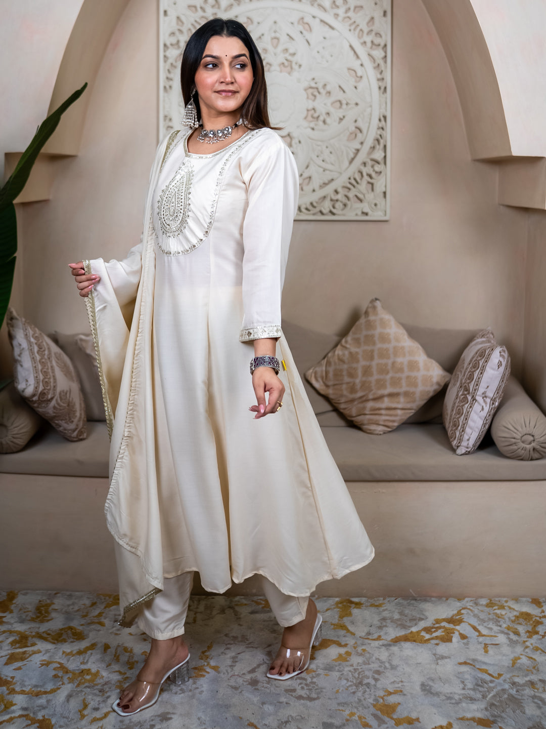 Smita cream Anarkali Kurta and Pant Dupatta Set