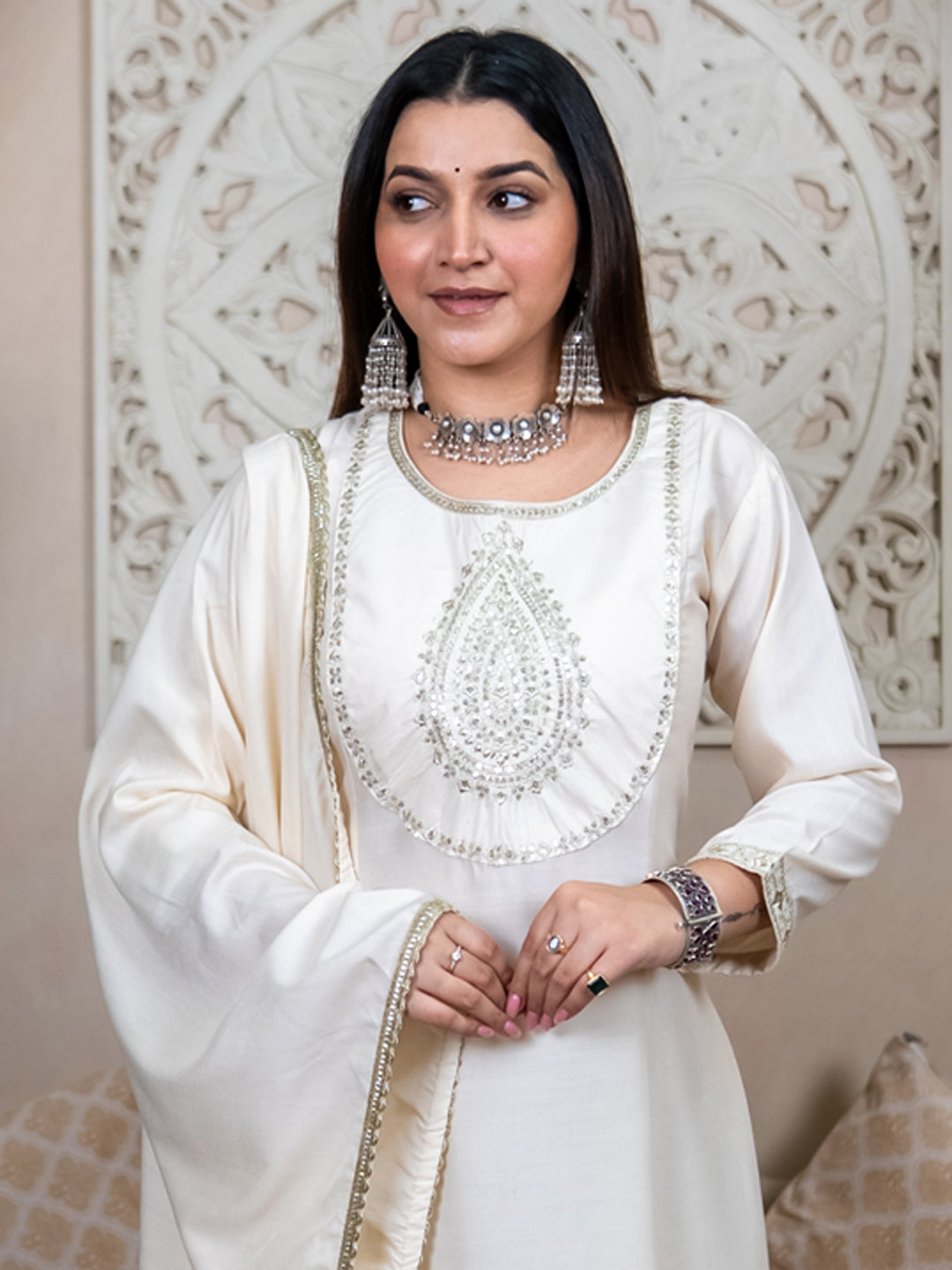 Smita cream Anarkali Kurta and Pant Dupatta Set