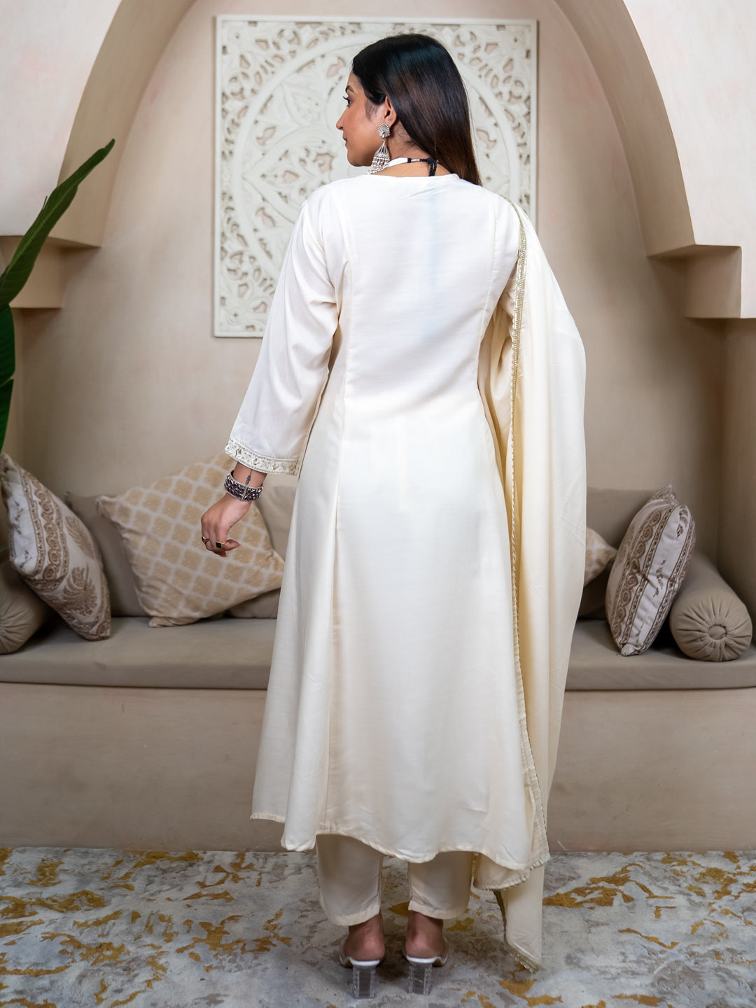Smita cream Anarkali Kurta and Pant Dupatta Set