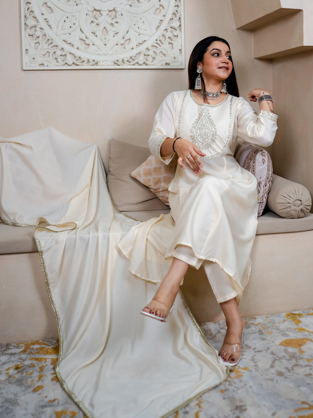 Smita cream Anarkali Kurta and Pant Dupatta Set