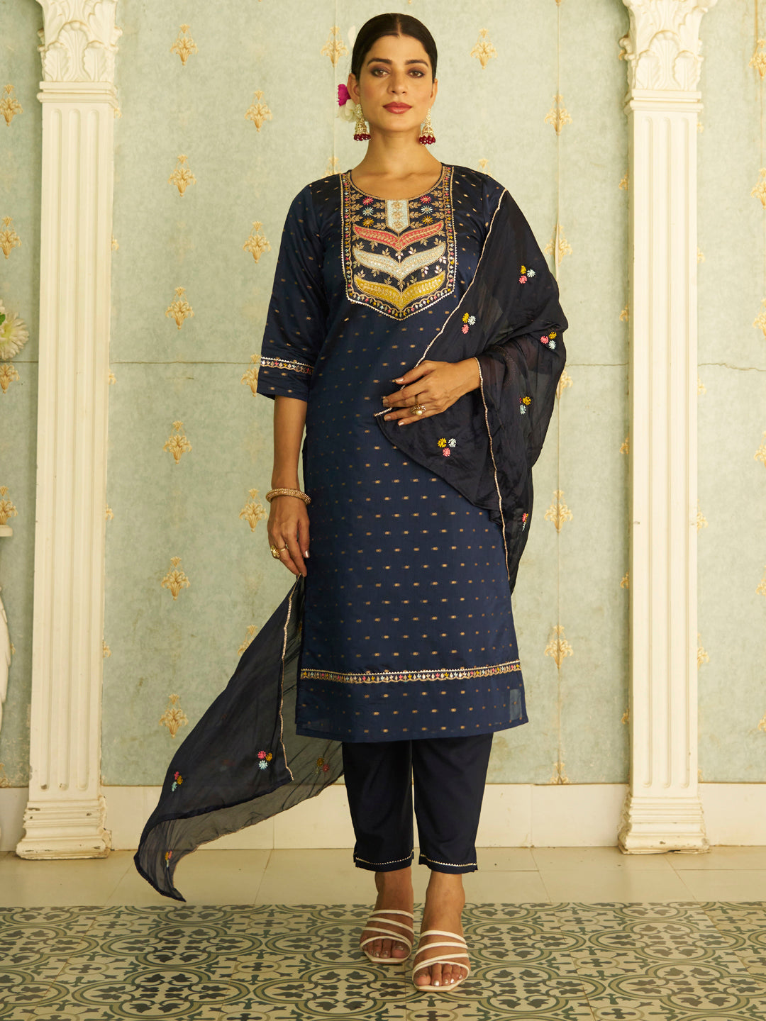 Bindiya  Blue Embroidered Chanderi Silk Kurta Set with Embroidered Dupatta