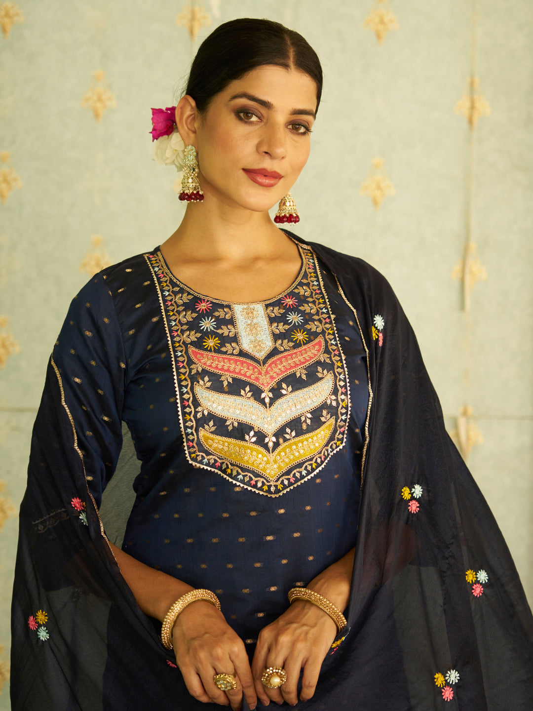 Bindiya  Blue Embroidered Chanderi Silk Kurta Set with Embroidered Dupatta