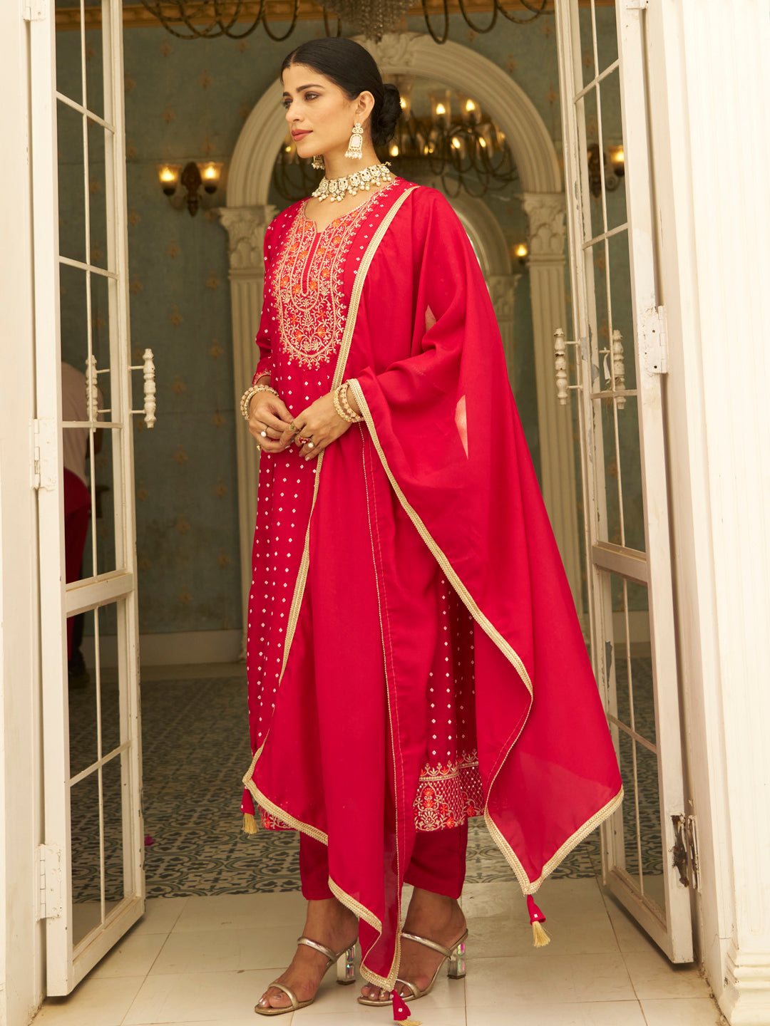 Nikita Pink Embroidered Anarkali Kurta Set Suits with Silk Dupatta