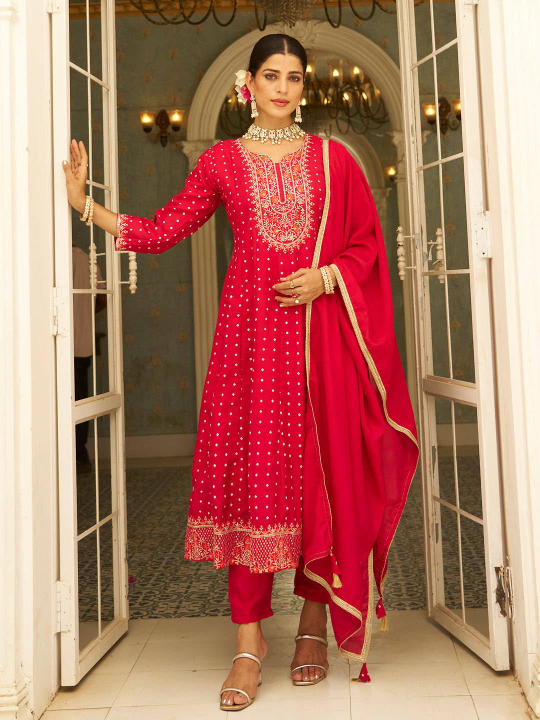 Nikita Pink Embroidered Anarkali Kurta Set Suits with Silk Dupatta