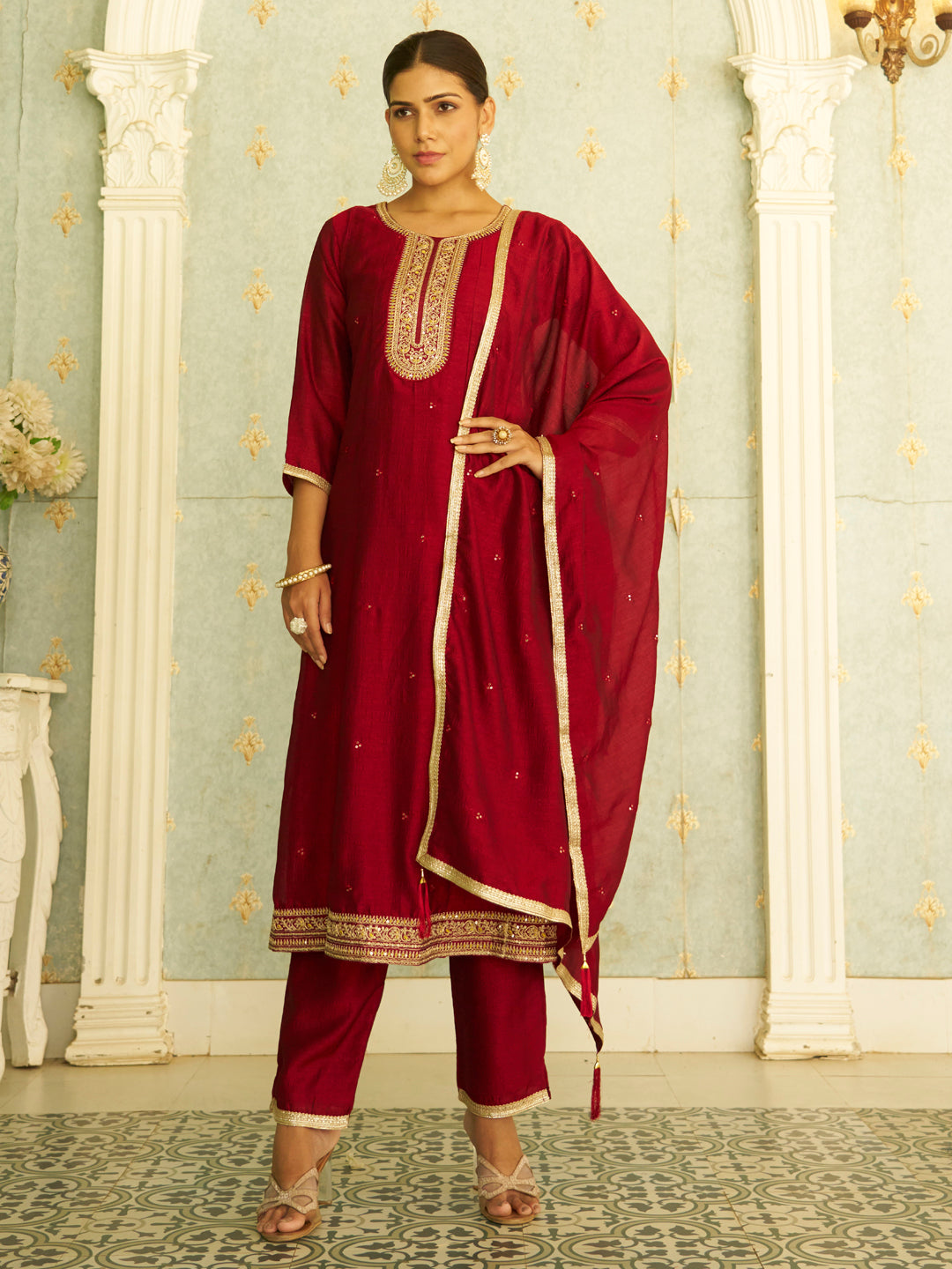 Rivaz Women Anarkali Kurta and Pant Dupatta Sets Silk Blend Fabrics with Embroidery