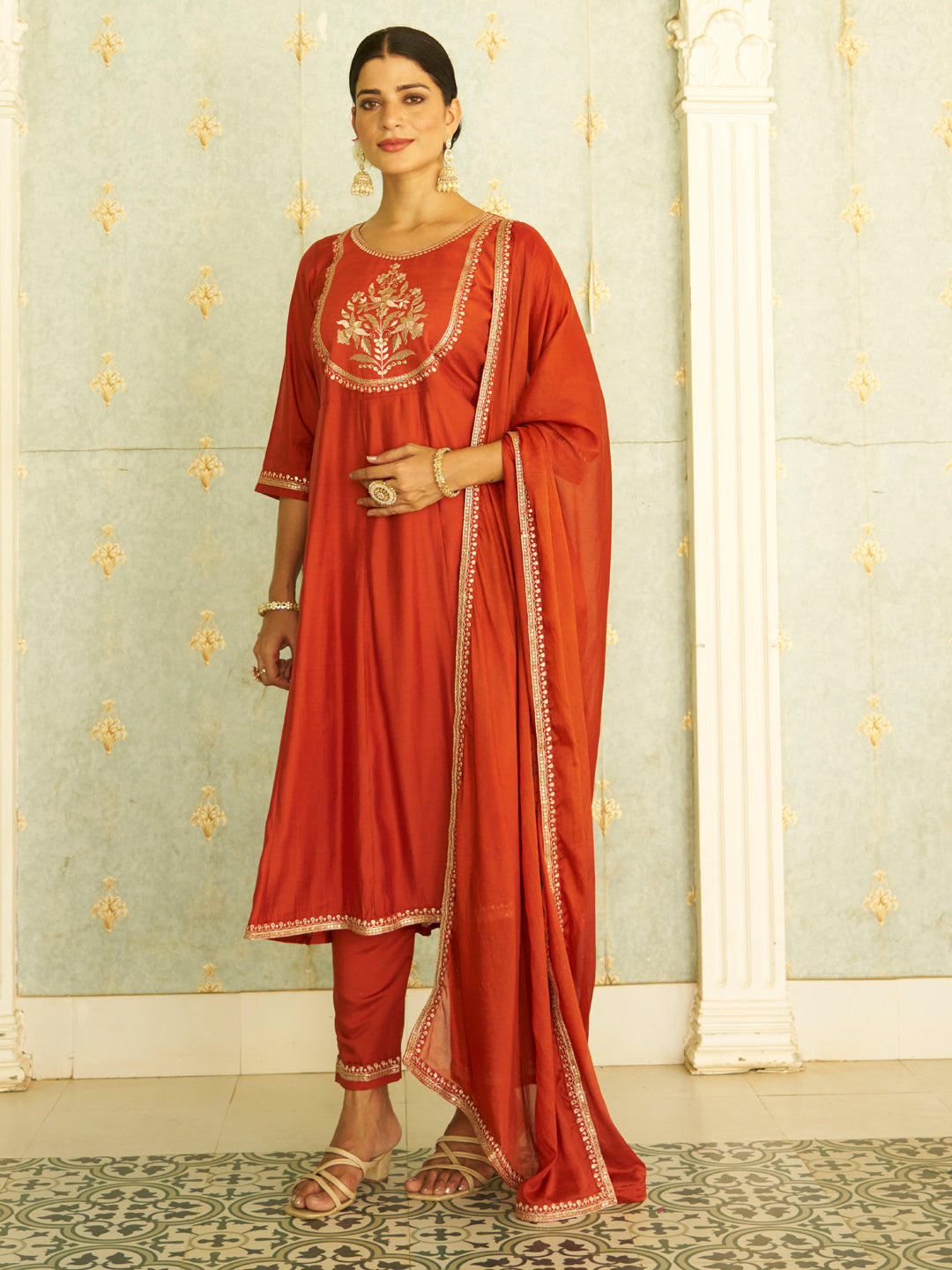 Nayera Peach Anarkali Kurta and Pant Dupatta Set