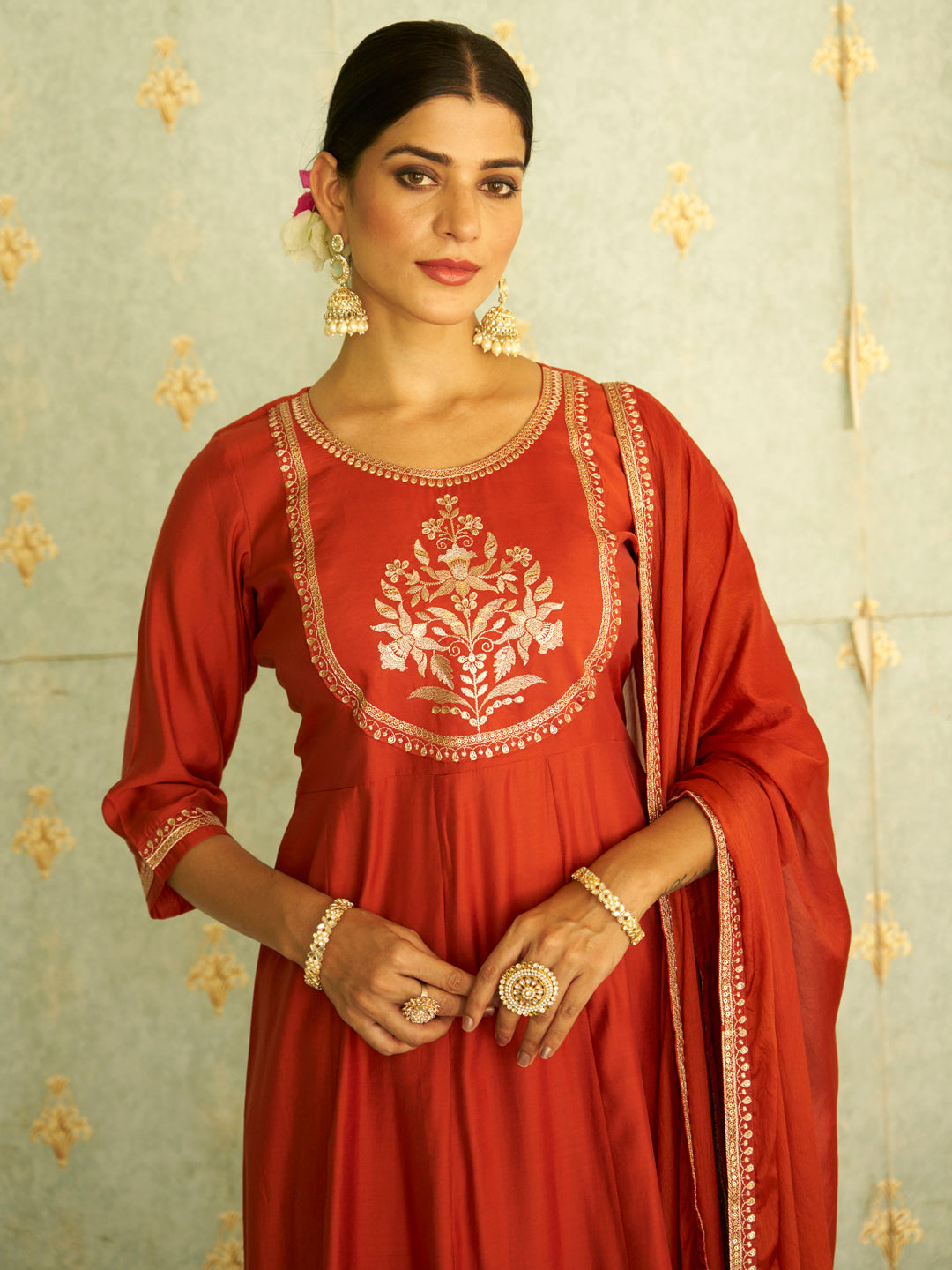 Nayera Peach Anarkali Kurta and Pant Dupatta Set