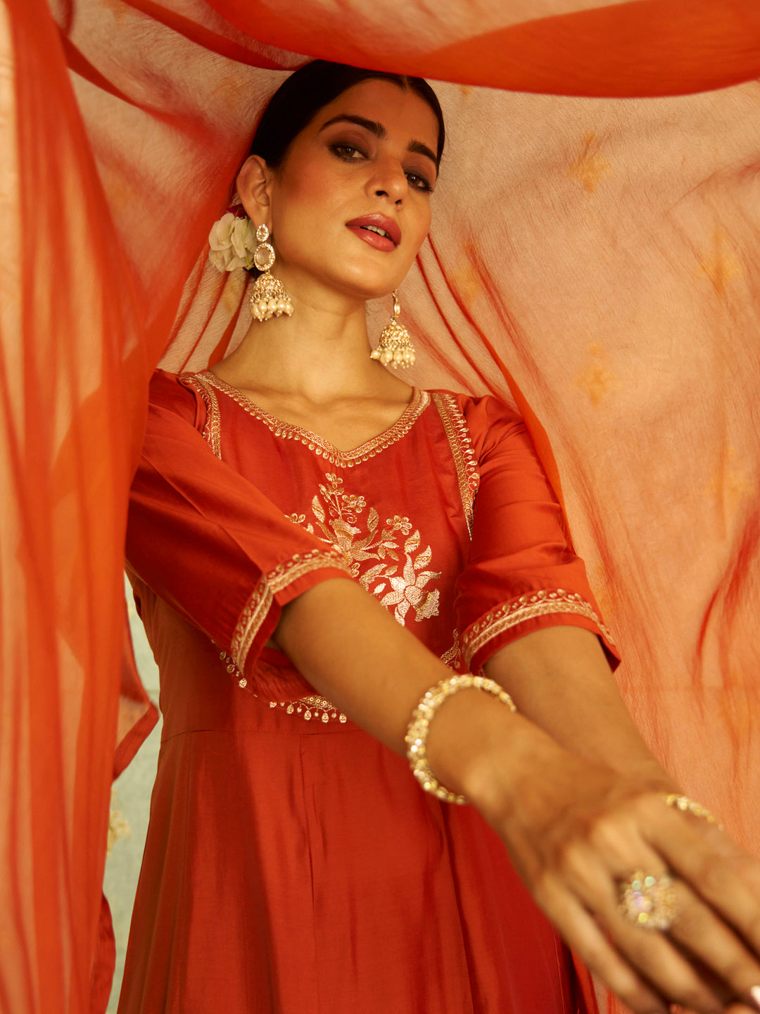 Nayera Peach Anarkali Kurta and Pant Dupatta Set