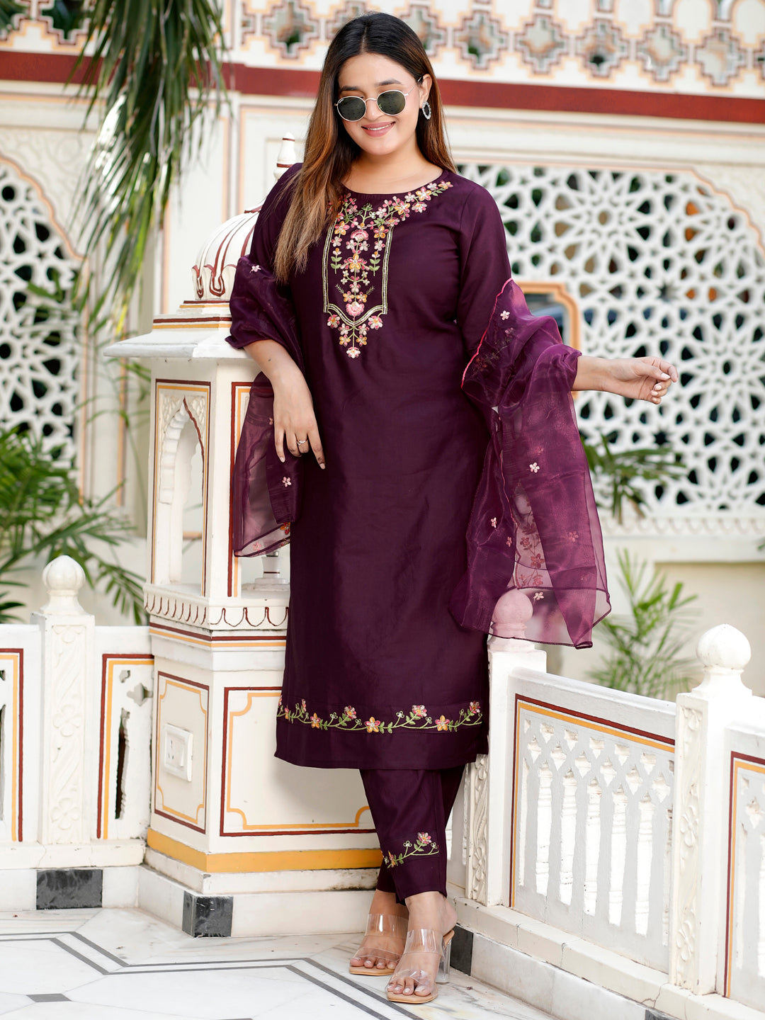 Sakshi Purple Women Floral Embroidered Regular Kurta with Trousers & With Dupatta