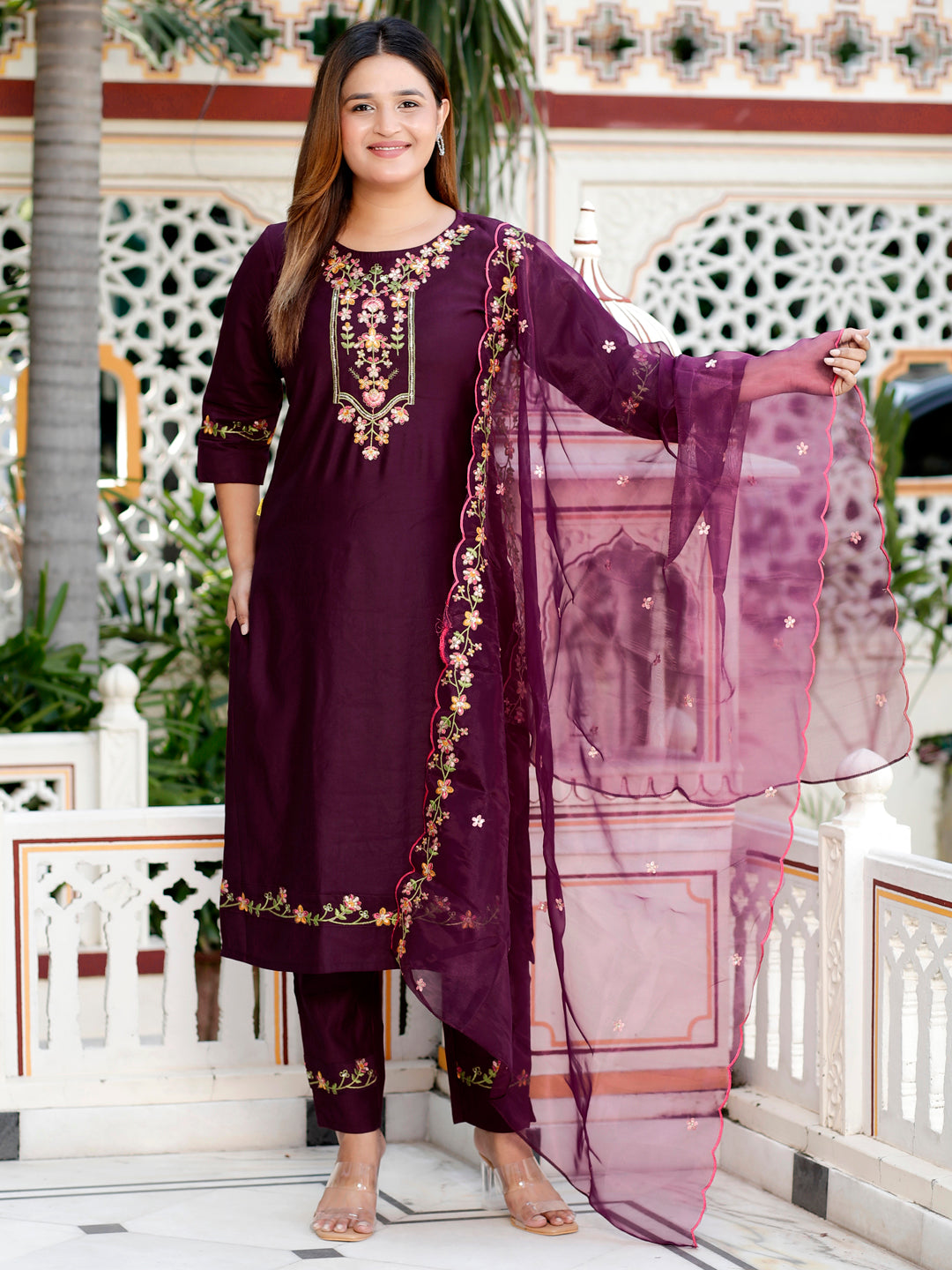 Sakshi Purple Women Floral Embroidered Regular Kurta with Trousers & With Dupatta