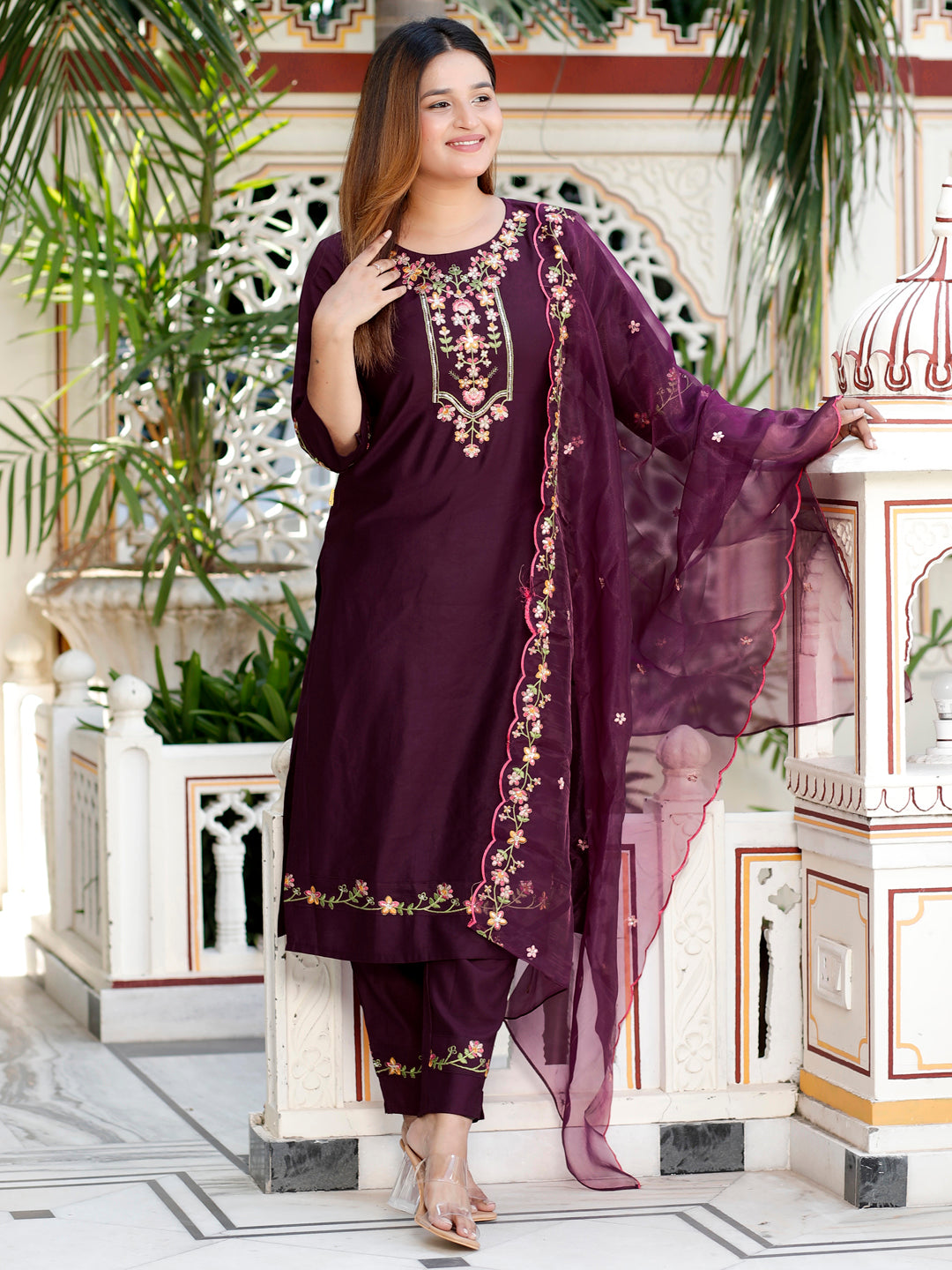Sakshi Purple Women Floral Embroidered Regular Kurta with Trousers & With Dupatta