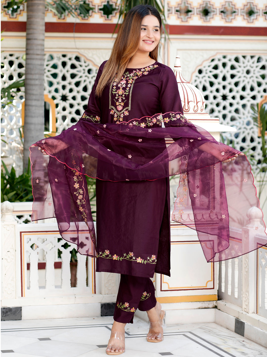 Sakshi Purple Women Floral Embroidered Regular Kurta with Trousers & With Dupatta