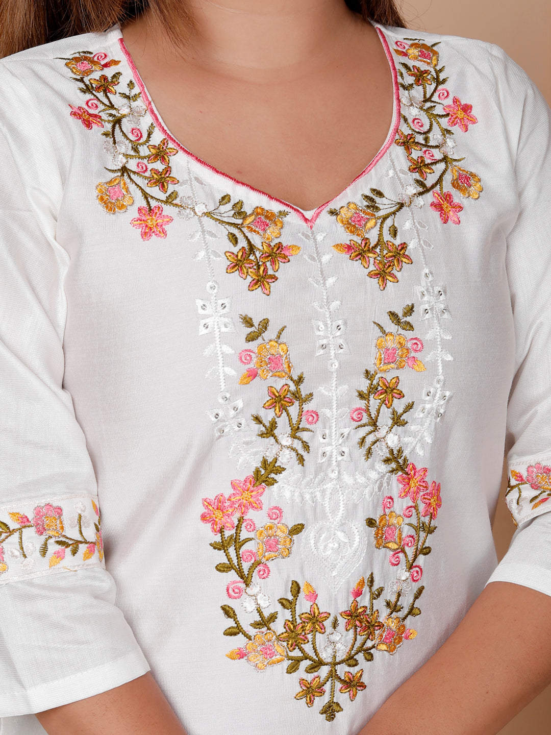 Pravya White Viscose Rayon Kurta with Trousers & Dupatta Suits