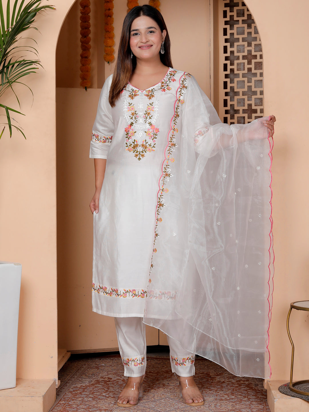 Pravya White Viscose Rayon Kurta with Trousers & Dupatta Suits